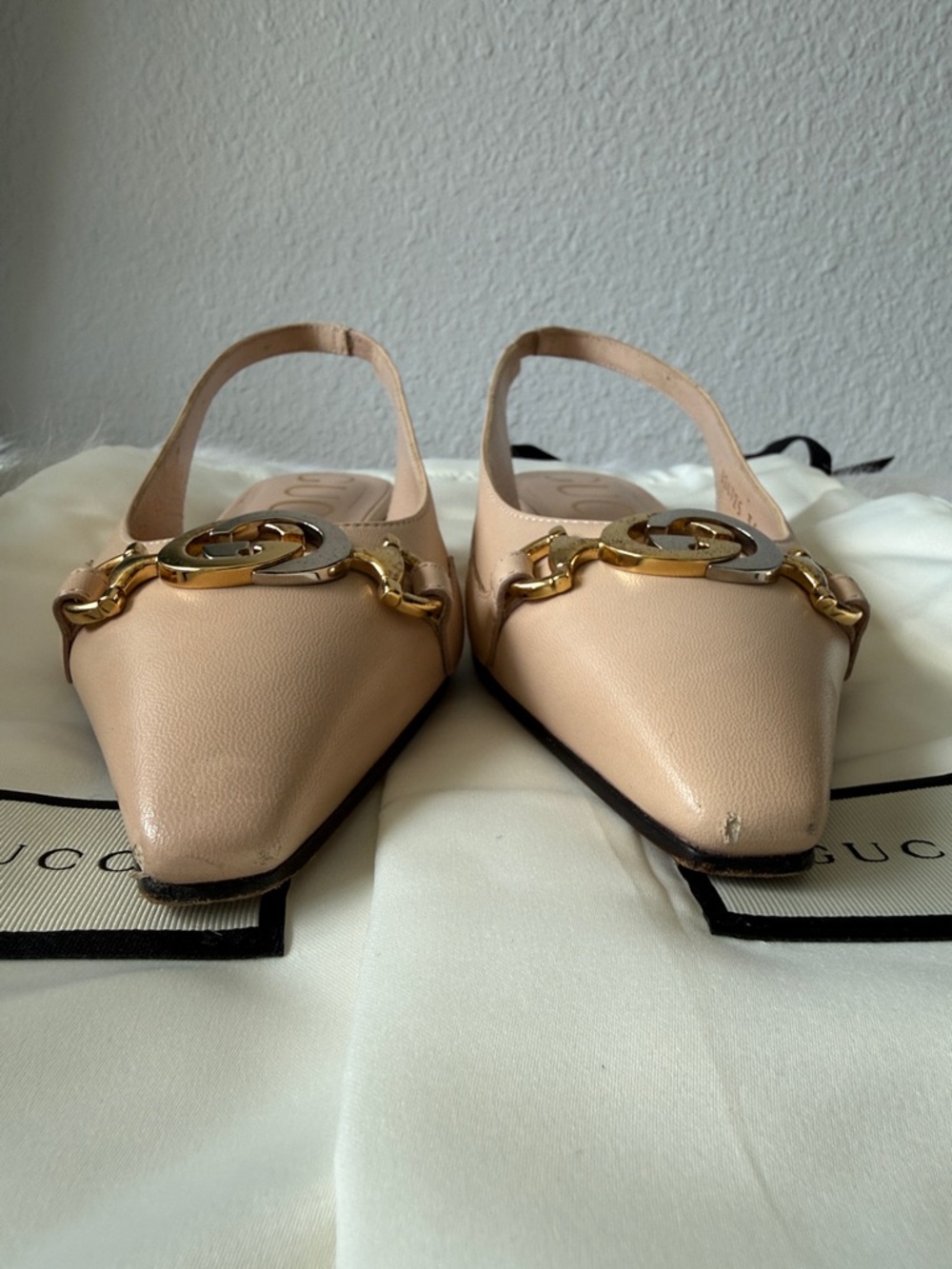 Gucci Blush Leather Pointed Slingback Flat Mules with Gold Double G - Picture 5 of 11
